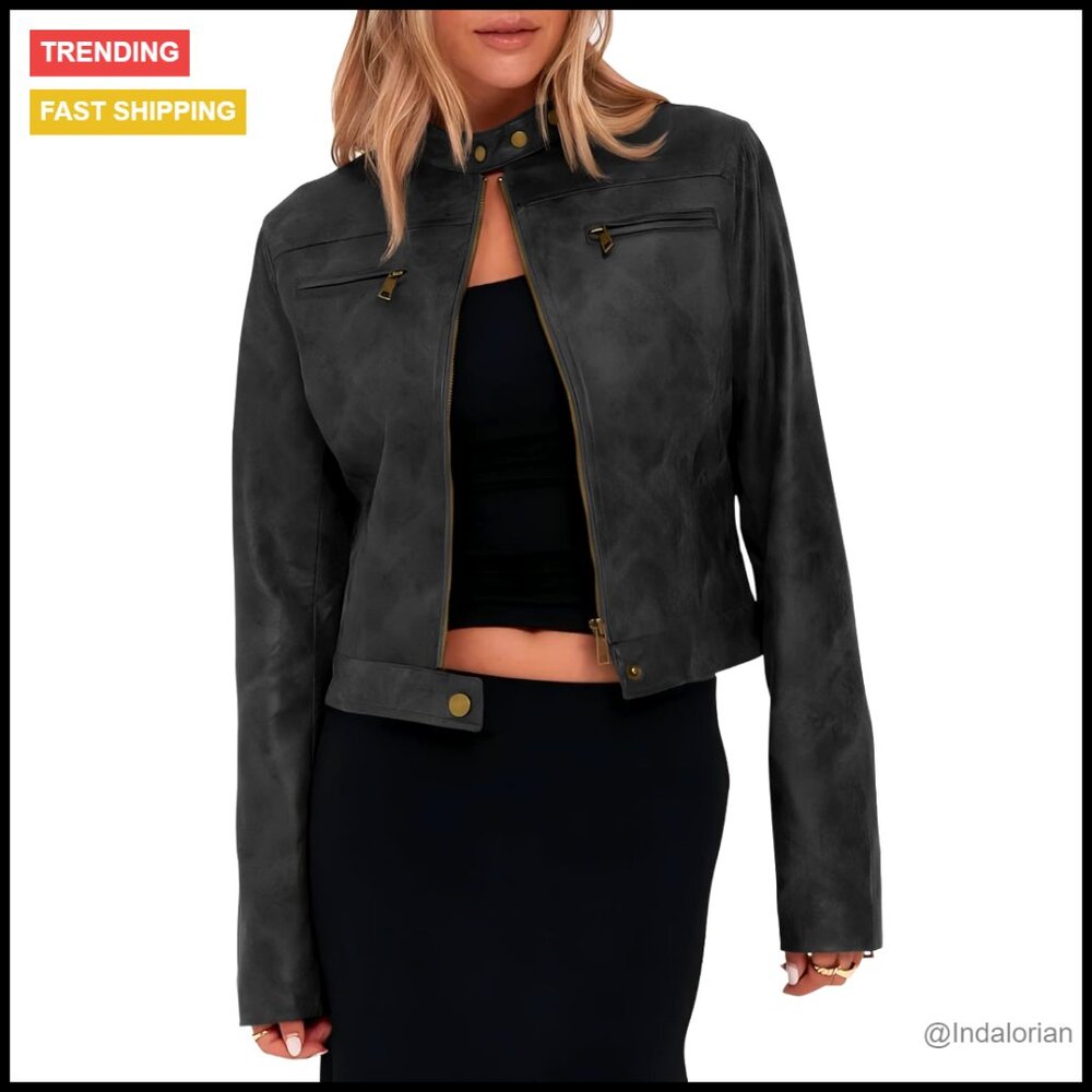Faux Leather Cropped Motorcycle Jacket, Stand Collar, Zip Up, Vintage Style